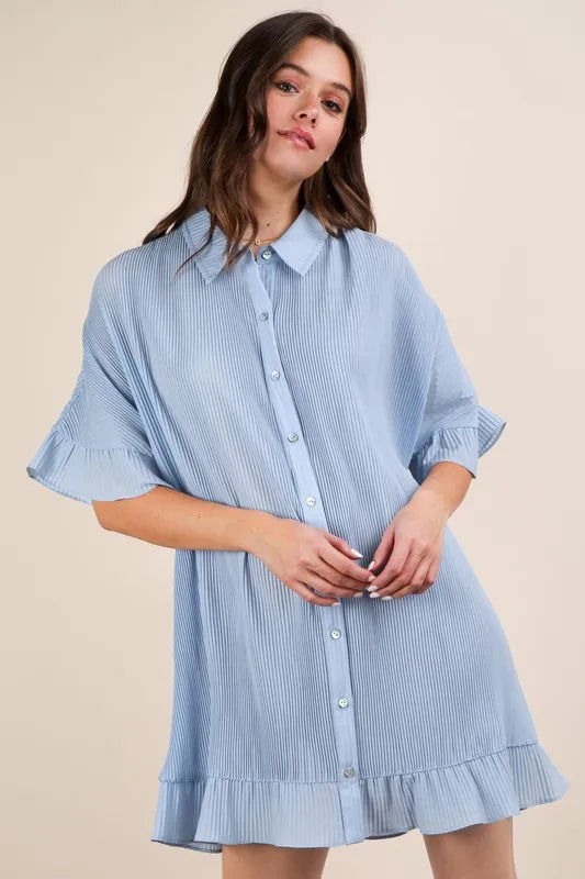 Sky blue Very J pleated detail button-down mini dress by Trendsi, featuring a classic collar and long sleeves.