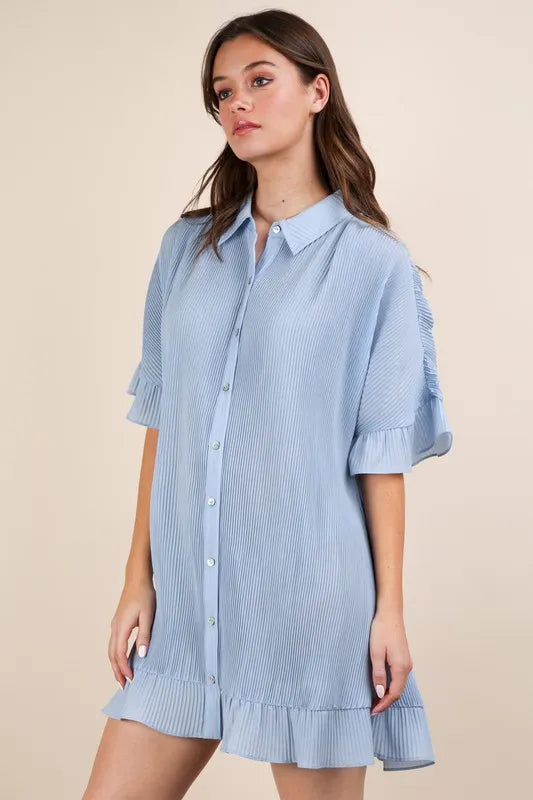 Sky blue Very J pleated detail button-down mini dress by Trendsi featuring a classic collar and sleek, feminine silhouette.