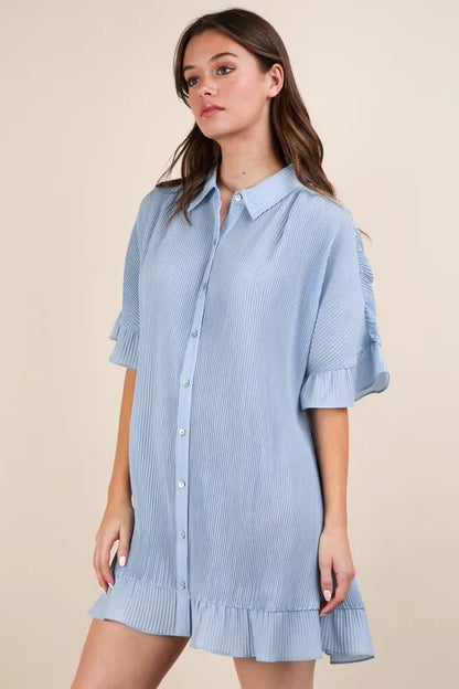 Sky blue Very J pleated detail button-down mini dress by Trendsi featuring a classic collar and sleek, feminine silhouette.