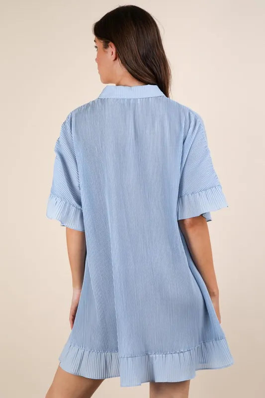 Sky blue Very J pleated button-down mini dress by Trendsi featuring a classic collar, long sleeves, and a flattering fit.