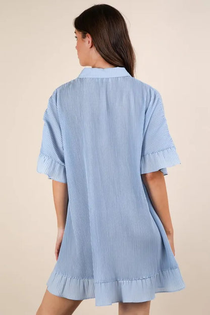 Sky blue Very J pleated button-down mini dress by Trendsi featuring a classic collar, long sleeves, and a flattering fit.
