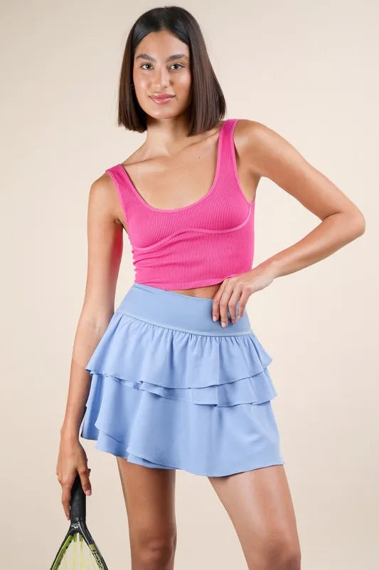 Sky blue Very J riffled tiered layers activewear skirt with built-in shorts, stylish and comfortable for workout or casual wear.