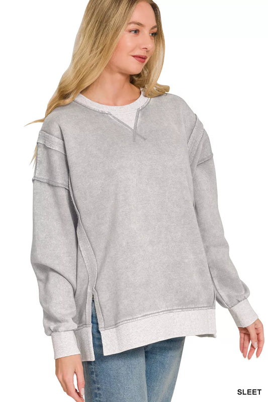 Zenana fleece acid washed pullover with contrast trim, showcasing a cozy, casual style in soft fabric and stylish design.