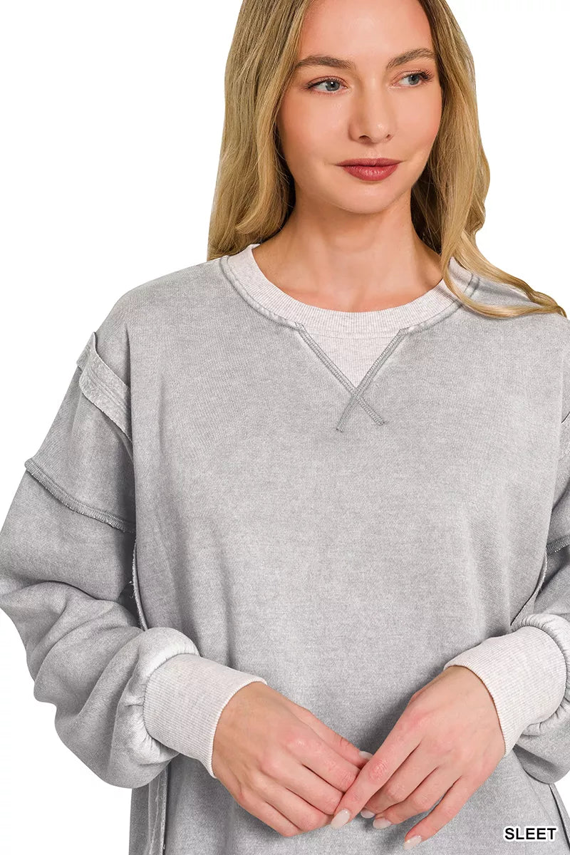 Zenana fleece acid-washed contrast trim pullover with long sleeves and cozy design, ideal for casual wear.