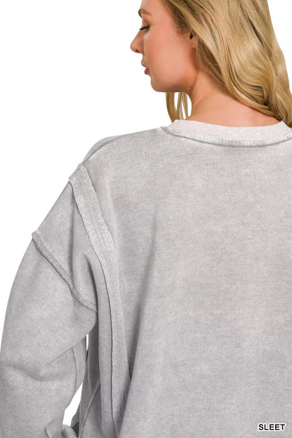 Zenana fleece acid-washed contrast trim pullover with long sleeves and relaxed fit, crafted for comfort and casual style.