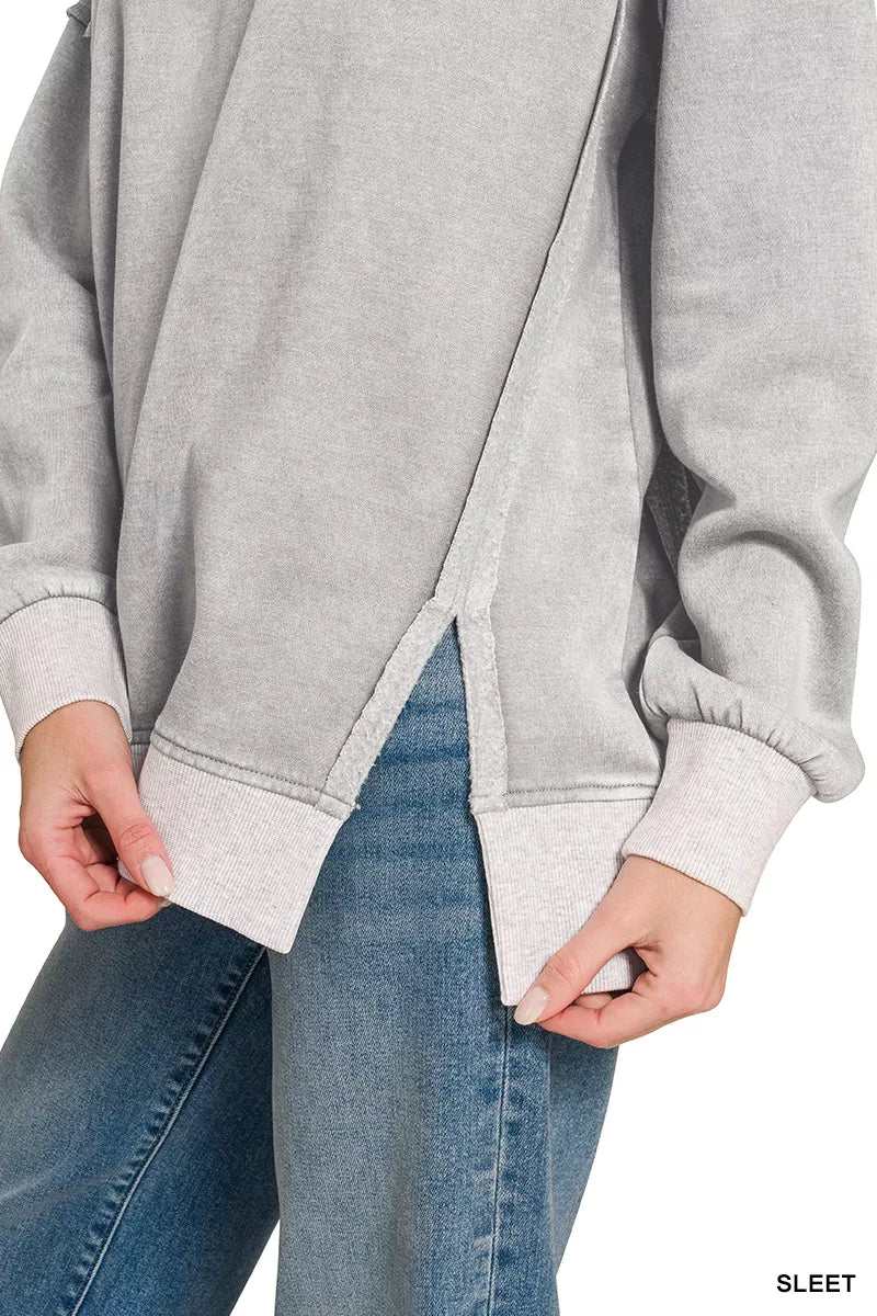 Zenana fleece acid-washed contrast trim pullover, cozy and stylish, with a relaxed fit and distinctive color accents.