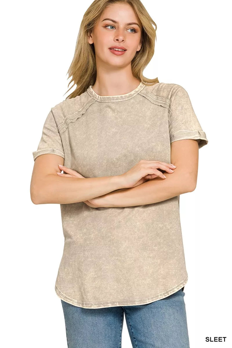 Zenana French Terry Washed Curved Hem Top in soft, casual fabric, featuring a relaxed fit and stylish curved hem.
