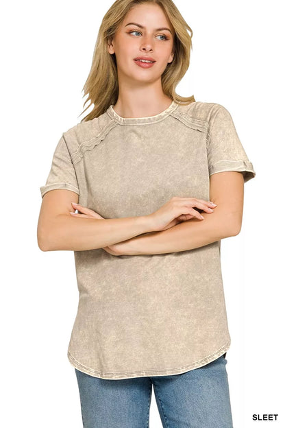 Zenana French Terry Washed Curved Hem Top in soft, casual fabric, featuring a relaxed fit and stylish curved hem.
