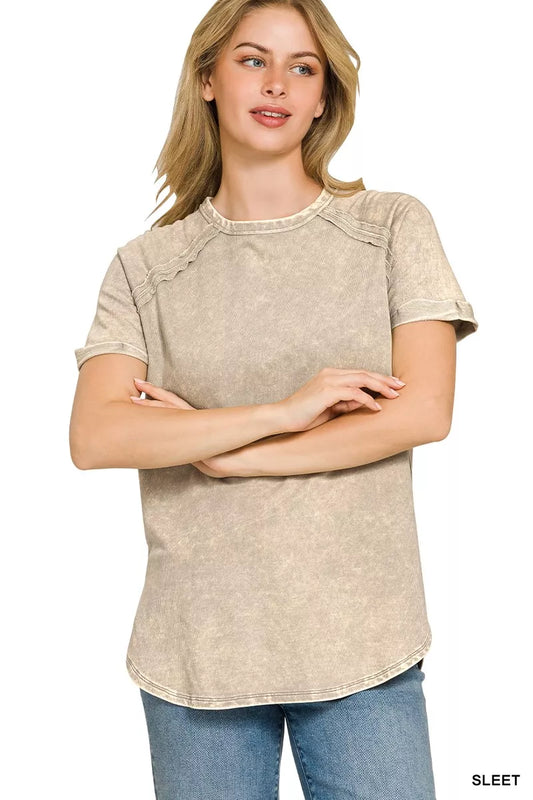 Zenana French Terry Washed Curved Hem Top in soft, casual fabric, featuring a relaxed fit and stylish curved hem.