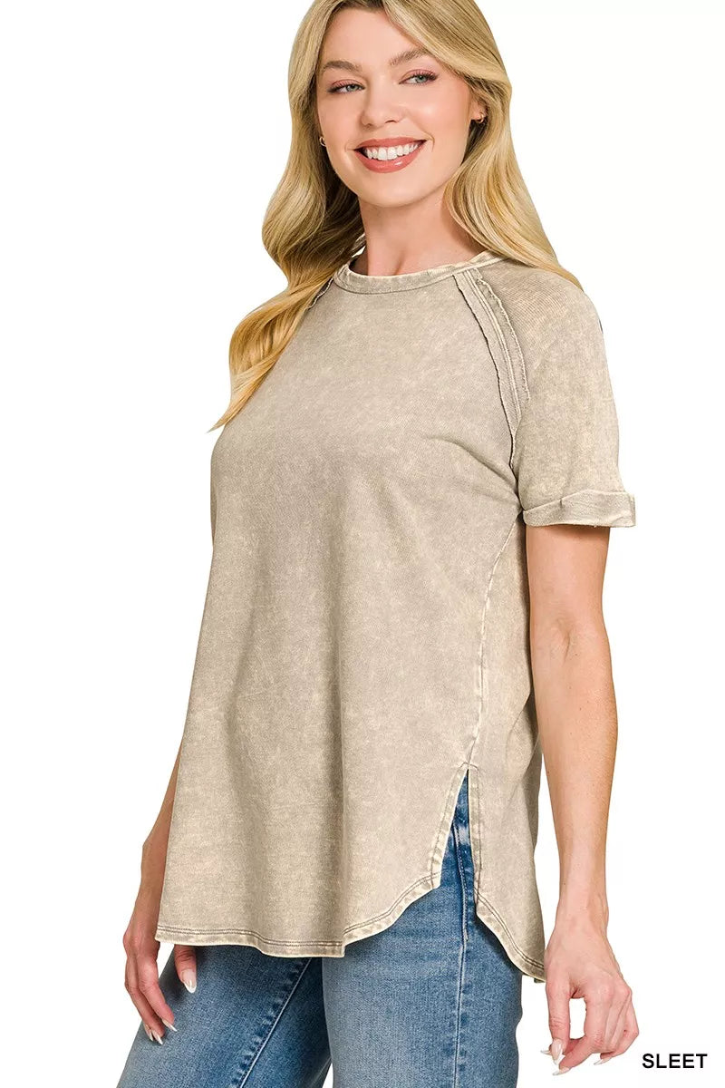Zenana French Terry washed curved hem top in soft fabric, featuring a relaxed fit and stylish curved hem detail.
