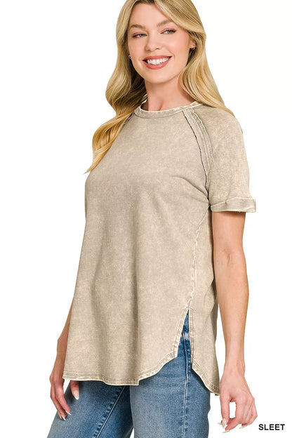 Zenana French Terry washed curved hem top in soft fabric, featuring a relaxed fit and stylish curved hem detail.