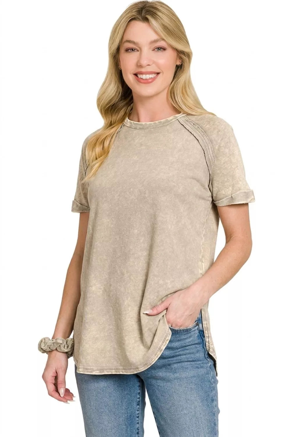 Zenana French Terry Washed Curved Hem Top in soft fabric, shown in a relaxed fit with a curved hem design.
