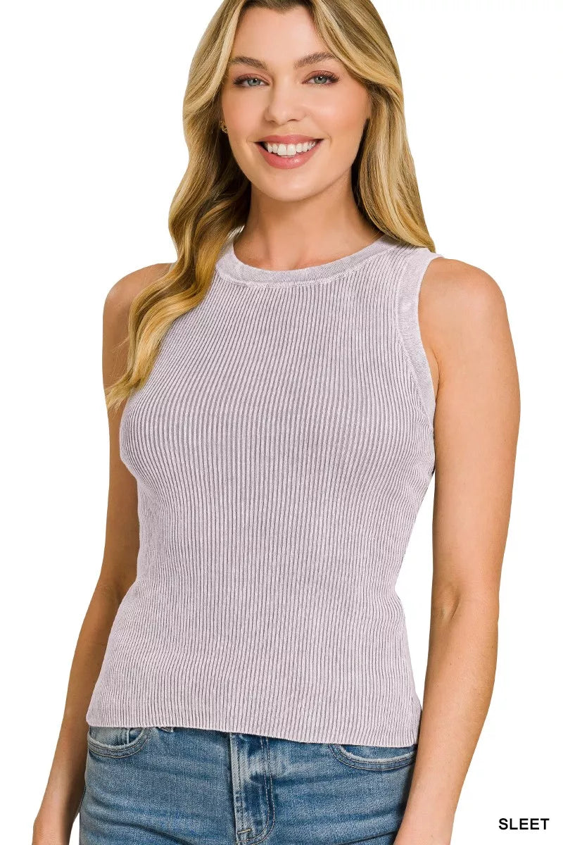 Zenana washed ribbed sweater tank top featuring a fitted design, soft fabric, and sleeveless style for casual and layered looks.