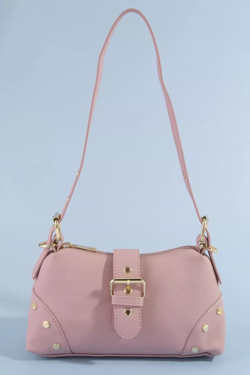 Fame studded saffiano buckle strap shoulder bag by Trendsi, showcasing textured material and stylish design with metal buckle detail