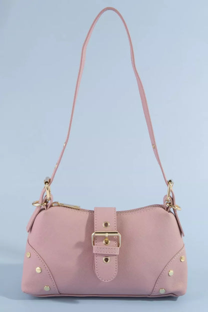 Fame studded saffiano buckle strap shoulder bag by Trendsi, showcasing textured material and stylish design with metal buckle detail