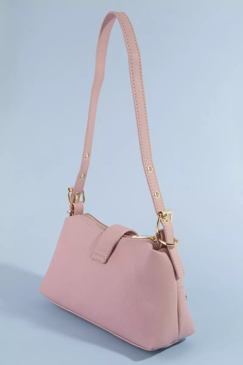 Fame studded saffiano buckle strap shoulder bag by Trendsi, featuring a stylish design with stud accents and a secure buckle closure.