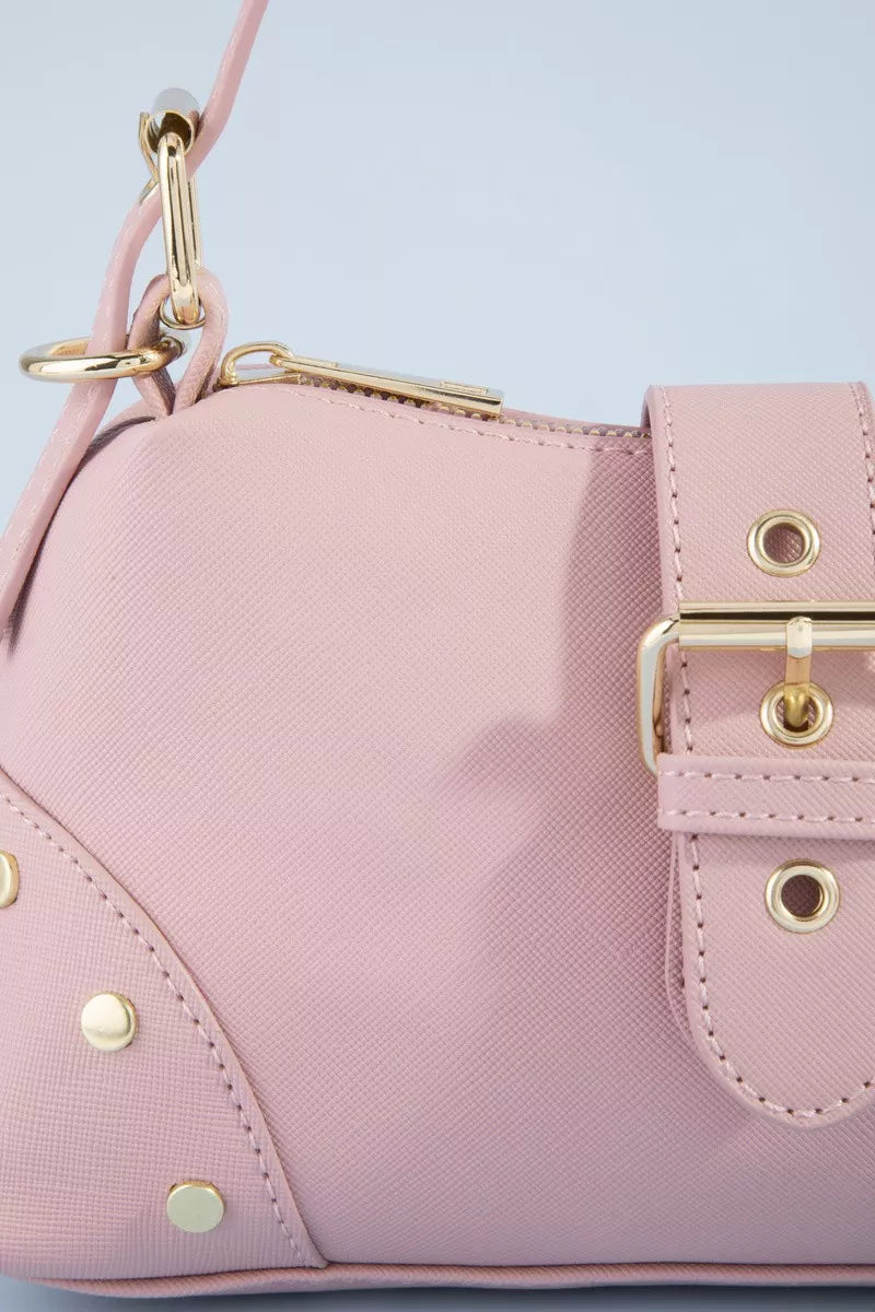 Fame studded saffiano buckle strap shoulder bag by Trendsi featuring a sleek design with metal stud accents and a shoulder strap.