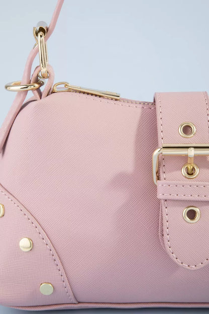 Fame studded saffiano buckle strap shoulder bag by Trendsi featuring a sleek design with metal stud accents and a shoulder strap.