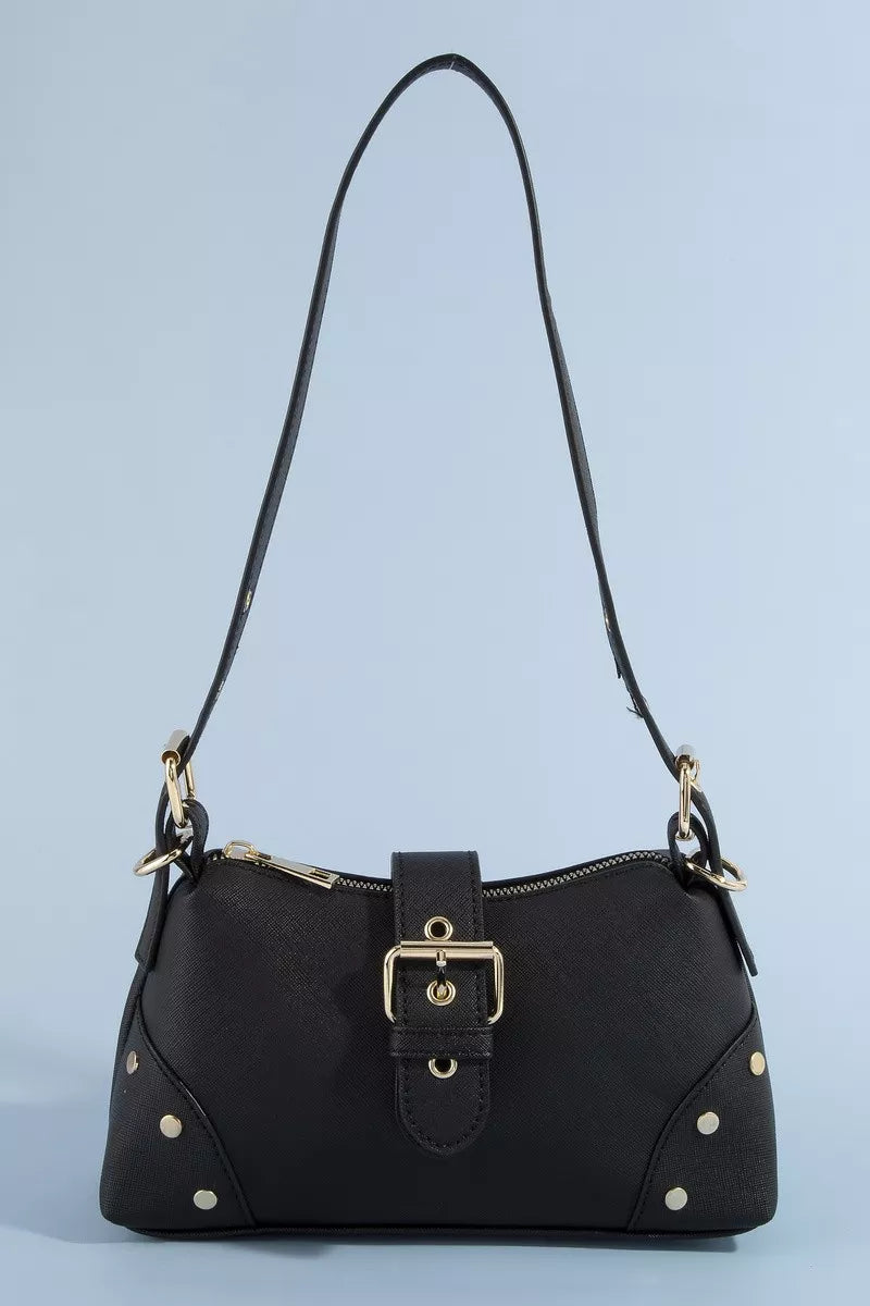 Fame studded saffiano buckle strap shoulder bag by Trendsi, featuring metallic studs and a stylish buckle closure.