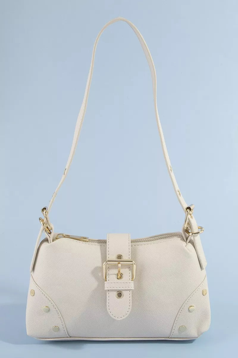 Fame studded saffiano buckle strap shoulder bag with adjustable strap and gold-tone hardware, stylishly designed for everyday use.