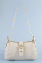 Fame studded saffiano buckle strap shoulder bag with adjustable strap and gold-tone hardware, stylishly designed for everyday use.