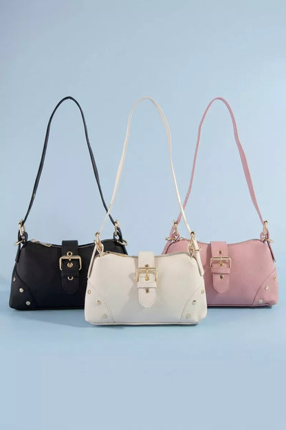 Fame Studded Saffiano Buckle Strap Shoulder Bag by Trendsi with studded accents and adjustable buckle strap, stylish and versatile.