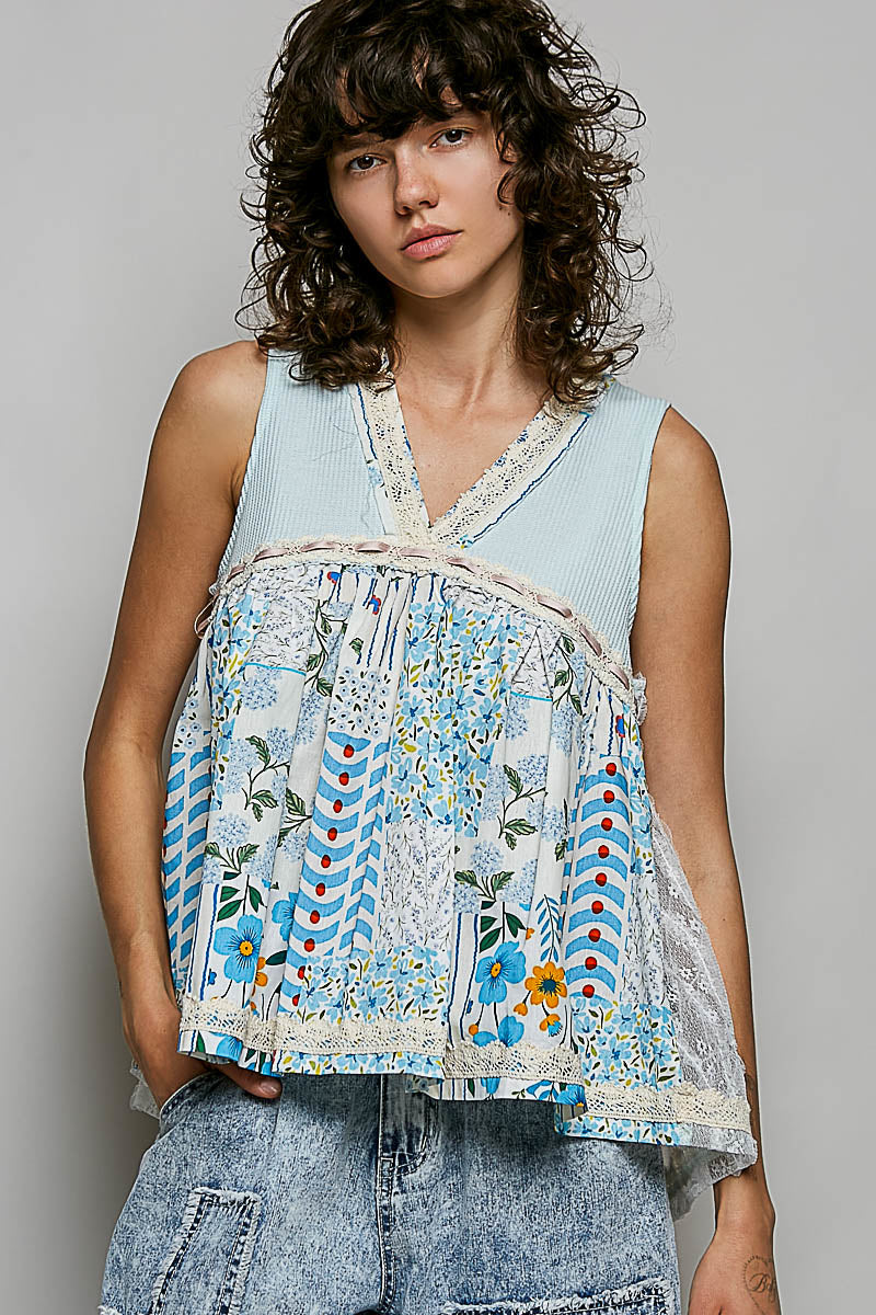 Pol Floral V-Neck Sheer Tank with Lace Trim, trendy women's sleeveless top featuring floral pattern and delicate lace details.