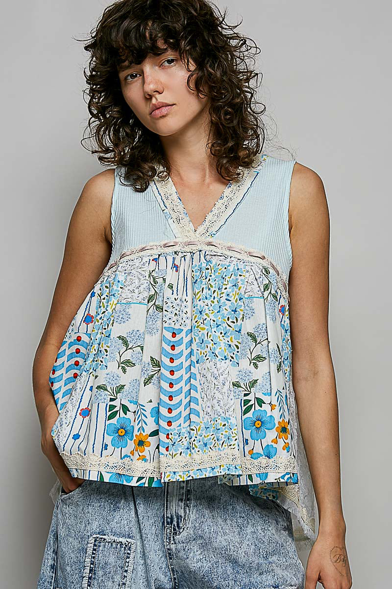 Trendsi POL floral V-neck sheer tank top with lace trim, lightweight and stylish for casual wear.