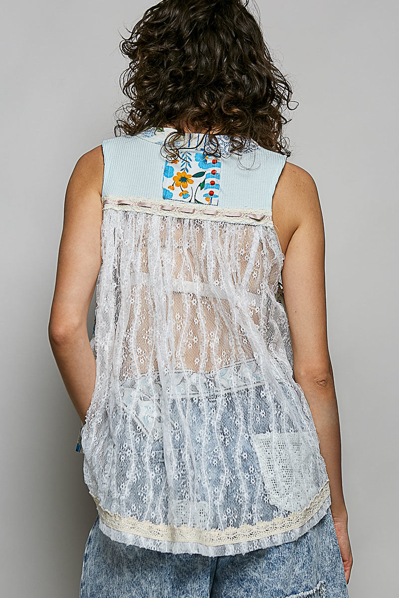Trendsi POL floral V-neck sheer tank top with lace trim, lightweight and stylish for layered summer outfits.