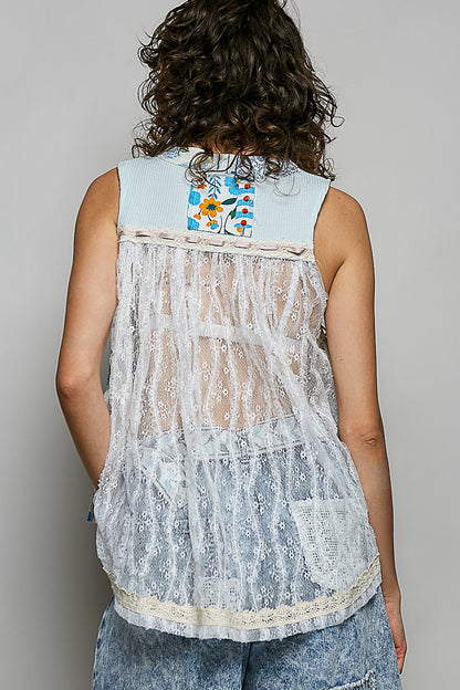 Trendsi POL floral V-neck sheer tank top with lace trim, lightweight and stylish for layered summer outfits.