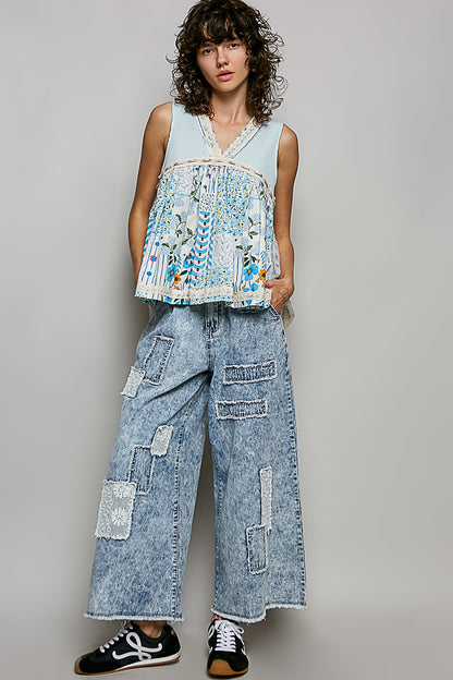 Pol Floral V-Neck Sheer Tank from Trendsi featuring lace trim and lightweight floral fabric, perfect for layered summer style.