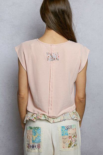 Soft pink floral print cropped T-shirt with patch details, round neck, and lace trim by Trendsi.