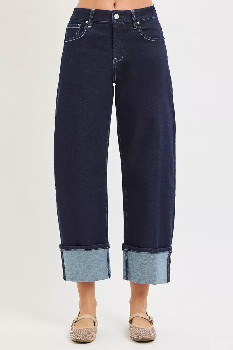 Dark grey RISEN slouchy crop barrel jeans with cuffed hems, casual and relaxed fit, designed by Trendsi.