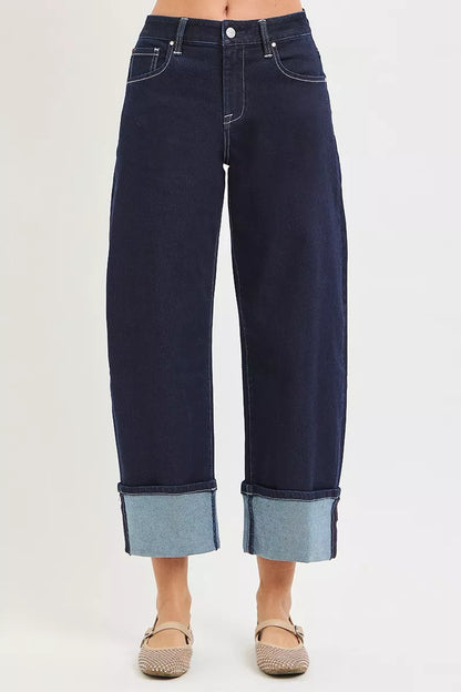 Dark grey RISEN slouchy crop barrel jeans with cuffed hems, casual and relaxed fit, designed by Trendsi.
