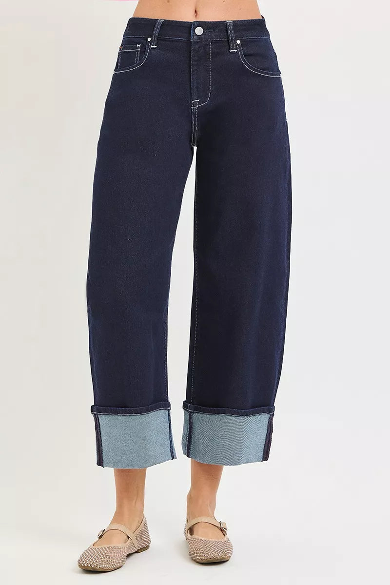 Dark gray RISEN slouchy crop barrel jeans with cuffed hems, featuring a relaxed fit and stylish distressed details.