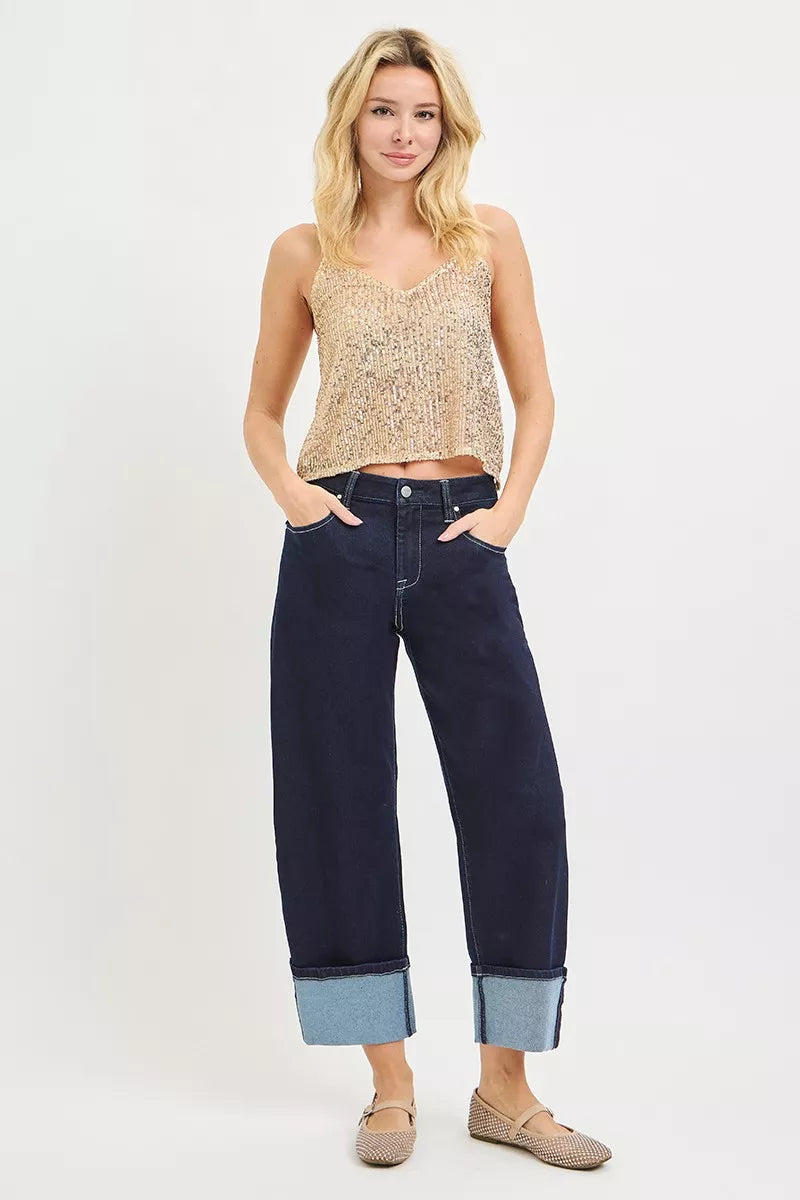 Dark gray RISEN slouchy crop barrel jeans with cuffed hems, casual and stylish for a relaxed denim look.