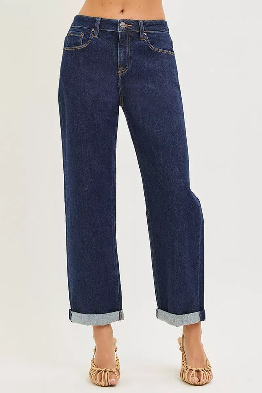 Dark denim RISEN slouchy cropped boyfriend jeans with cuffed hem, relaxed fit, and stylish casual look.