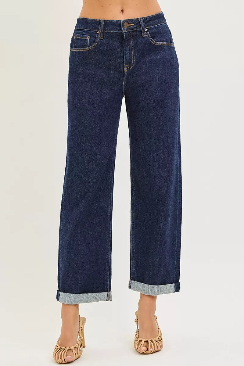 Dark gray RISEN slouchy cropped boyfriend jeans with cuffed hem, relaxed fit, and trendy casual style.