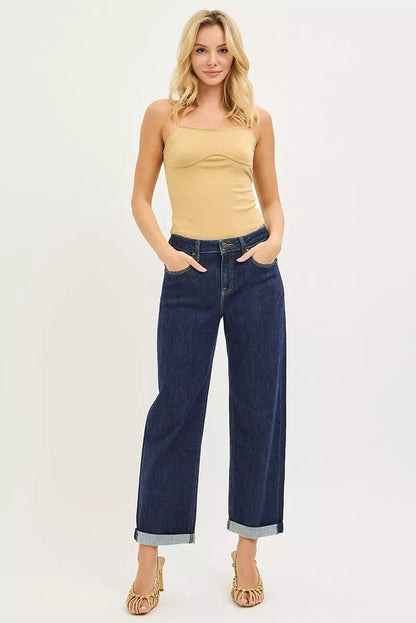 Dark blue RISEN slouchy cropped boyfriend jeans with cuffed hem, relaxed fit, and stylish casual look.