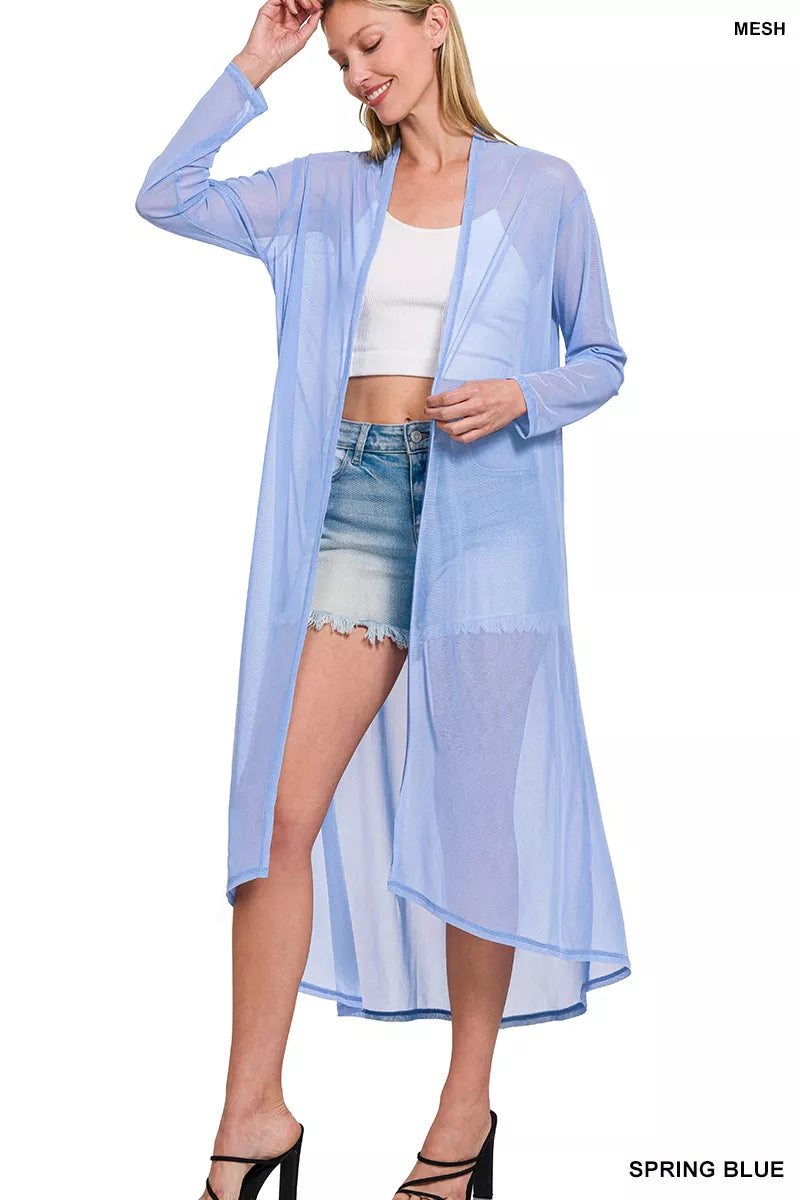 Spring blue Zenana Mesh Open Front Cardigan by Trendsi, featuring lightweight, breathable fabric and a stylish open front design.