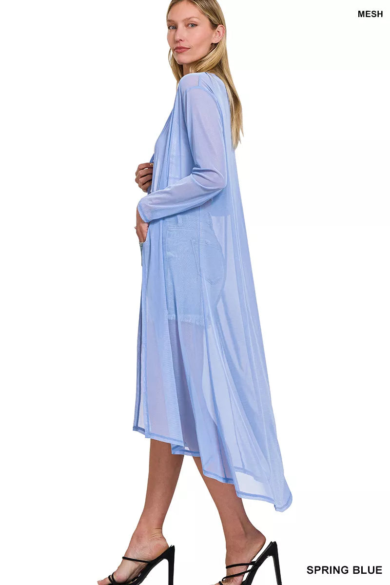 Light blue Zenana mesh open front cardigan with long sleeves and a relaxed fit, perfect for casual spring outfits.
