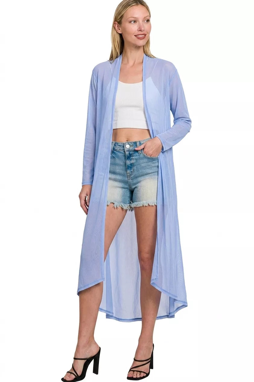 Spring blue Zenana mesh open front cardigan with a relaxed fit, featuring a lightweight, breathable design and casual style.