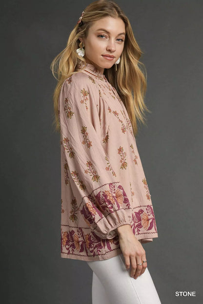 Umgee floral boho peasant blouse featuring a relaxed fit, floral print, and peasant style, ideal for casual bohemian fashion.