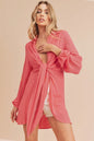 Aemi + Co tied collared neck long sleeve top in strawberry color, stylish and casual women's blouse from Trendsi.