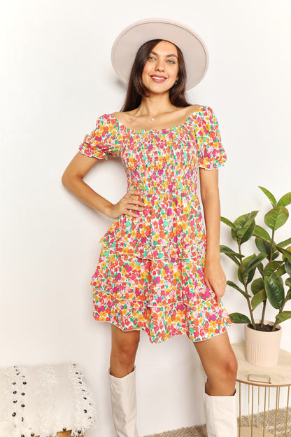 Trendsi Devine smocked sweetheart neck mini dress with flounce sleeves, featuring strawberry pattern and fitted waist.