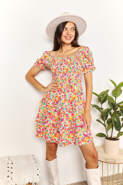 Devine smocked sweetheart neck mini dress with flounce sleeves, by Trendsi, featuring a strawberry pattern and feminine style.