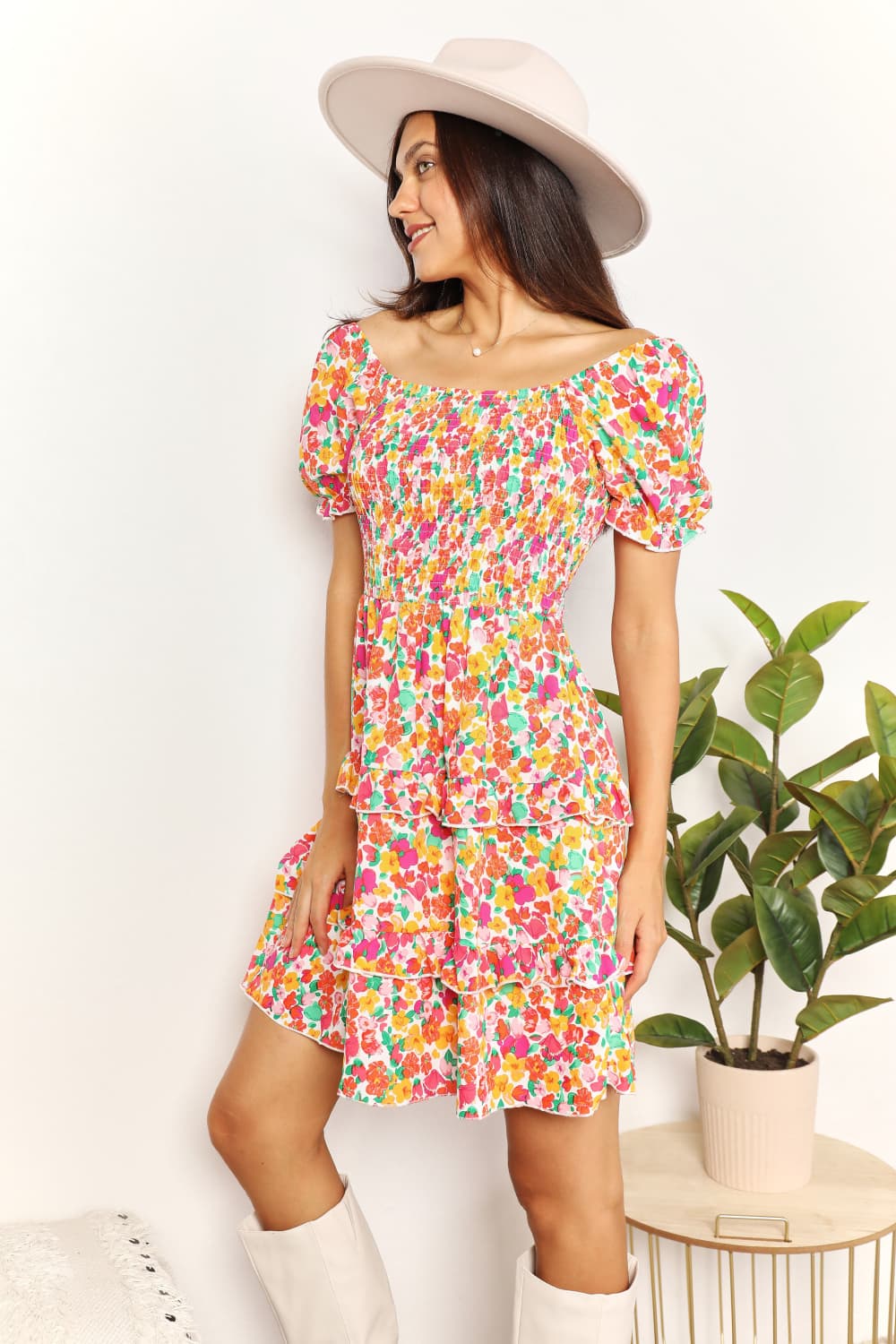Pink strawberry-colored Devine smocked mini dress with sweetheart neckline and flounce sleeves from Trendsi.