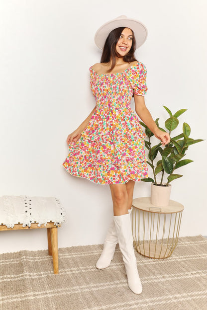 Trendsi Devine smocked sweetheart neck mini dress with flounce sleeves, in a strawberry color, displayed on a model.