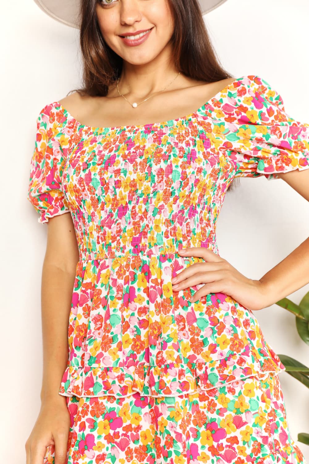 Trendsi Devine smocked sweetheart neckline mini dress with flounce sleeves and strawberry print, perfect for summer.