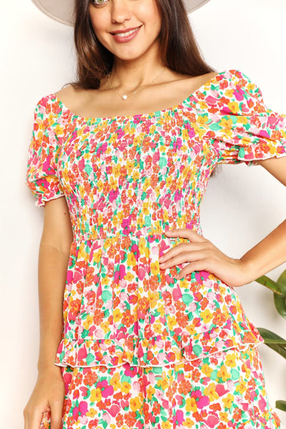 Trendsi Devine smocked sweetheart neckline mini dress with flounce sleeves and strawberry print, perfect for summer.